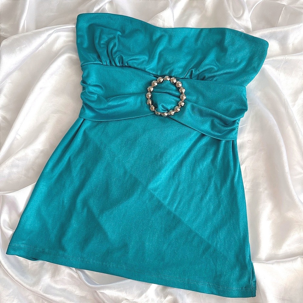 Charlotte Russe Blue Strapless Tube Top Beaded Ring Y2K Small